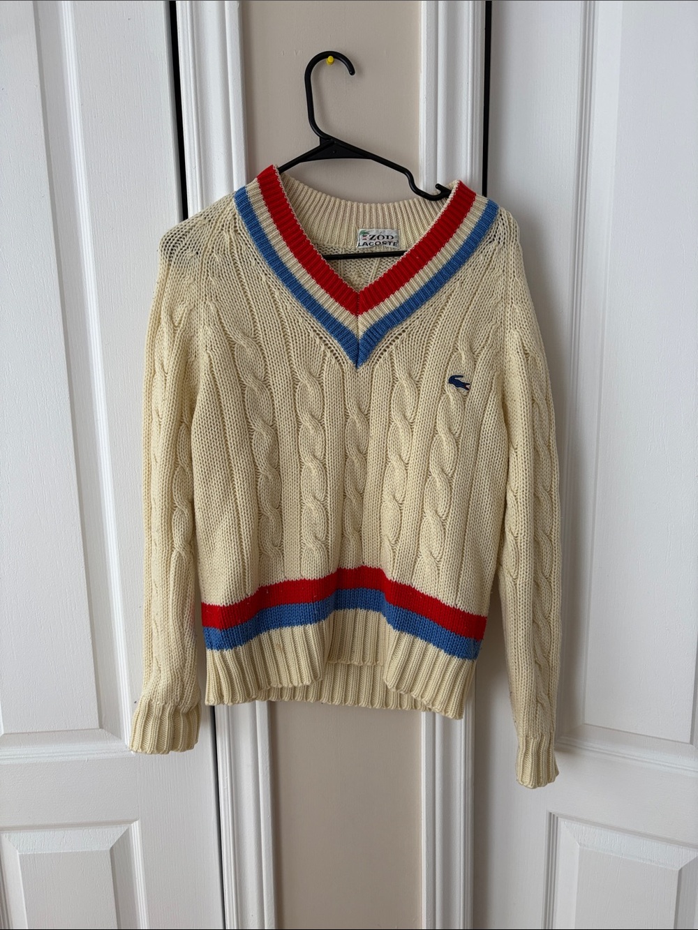 Lacoste Cream Cable Knit V-Neck Sweater with Red & Blue Trim